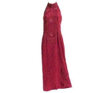 SiLK Kushi Kush Vintage 80s 90s Red Gown Heavy Embellished RED Beads Slit Maxi